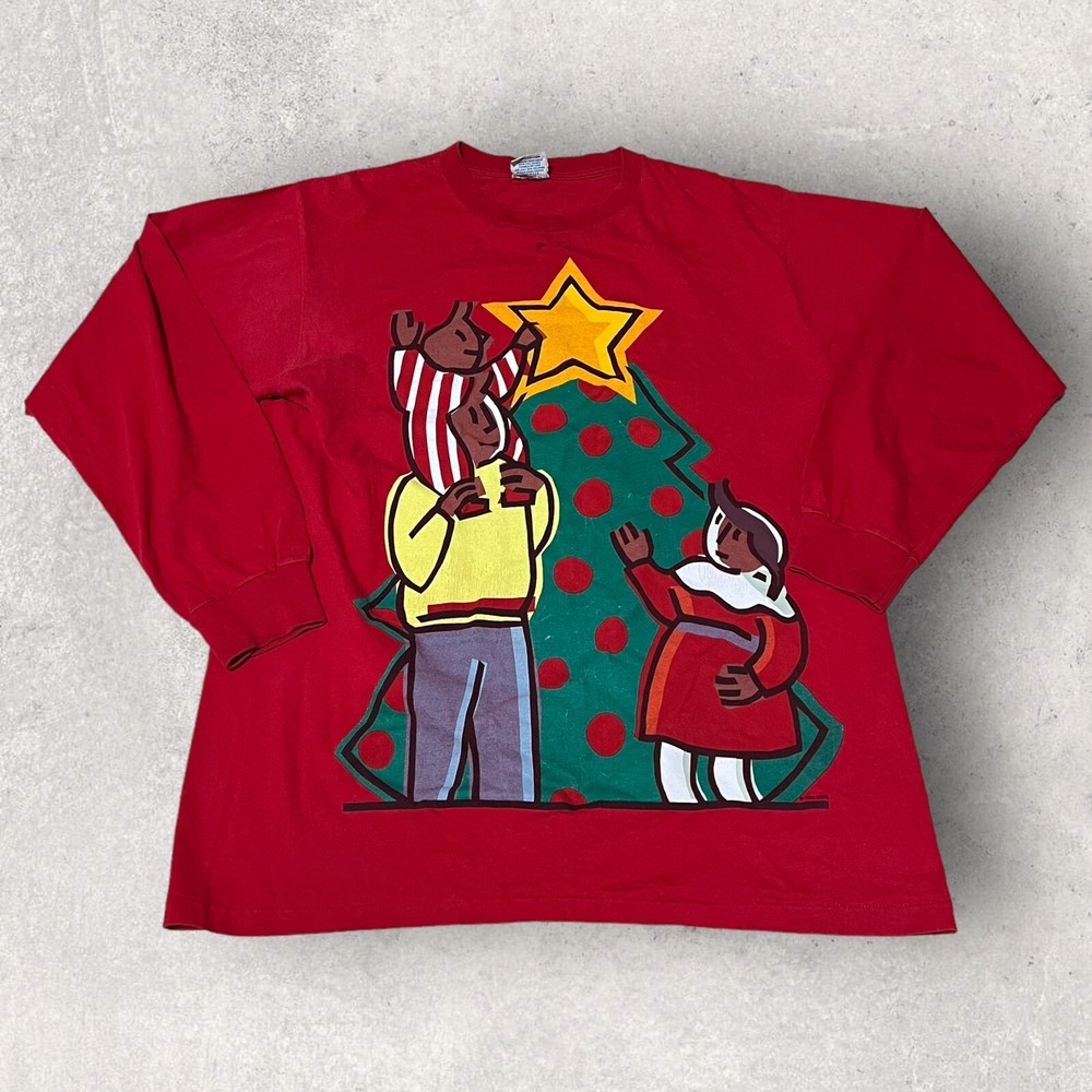 Vintage 90s Streetwear Mens XL Red USA T-Shirt Christmas Tree Holiday Sweatshirt